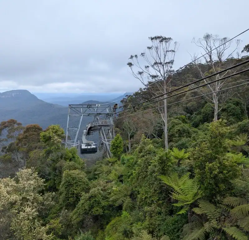 A cable car travels above lush green forest and hills, with metal cables stretching across the scene and distant Blue Mountains under a cloudy sky, an inspiring reason to visit Scenic World Blue Mountains. | Werriberri