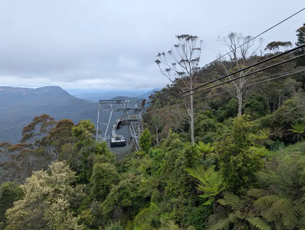 A cable car travels above lush green forest and hills, with metal cables stretching across the scene and distant Blue Mountains under a cloudy sky, an inspiring reason to visit Scenic World Blue Mountains. | Werriberri