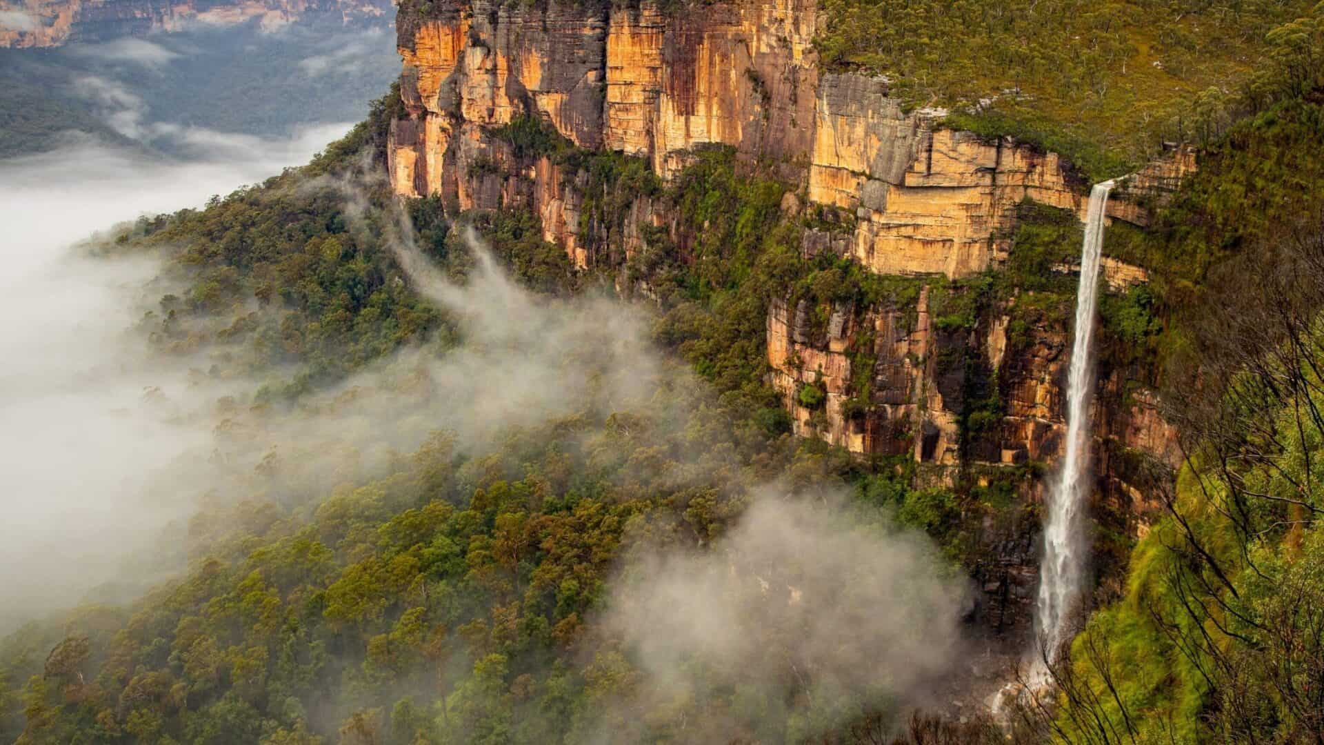 A tall waterfall cascades down a steep, orange cliff surrounded by dense green forest and mist at Govetts Leap Lookout, with distant plateaus visible through the fog. | Werriberri
