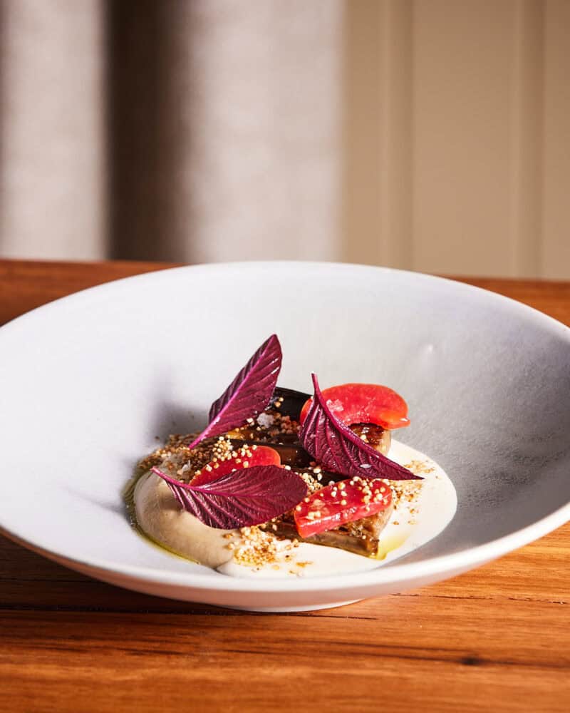 Gourmet dessert with edible flowers and garnishes on a white plate.