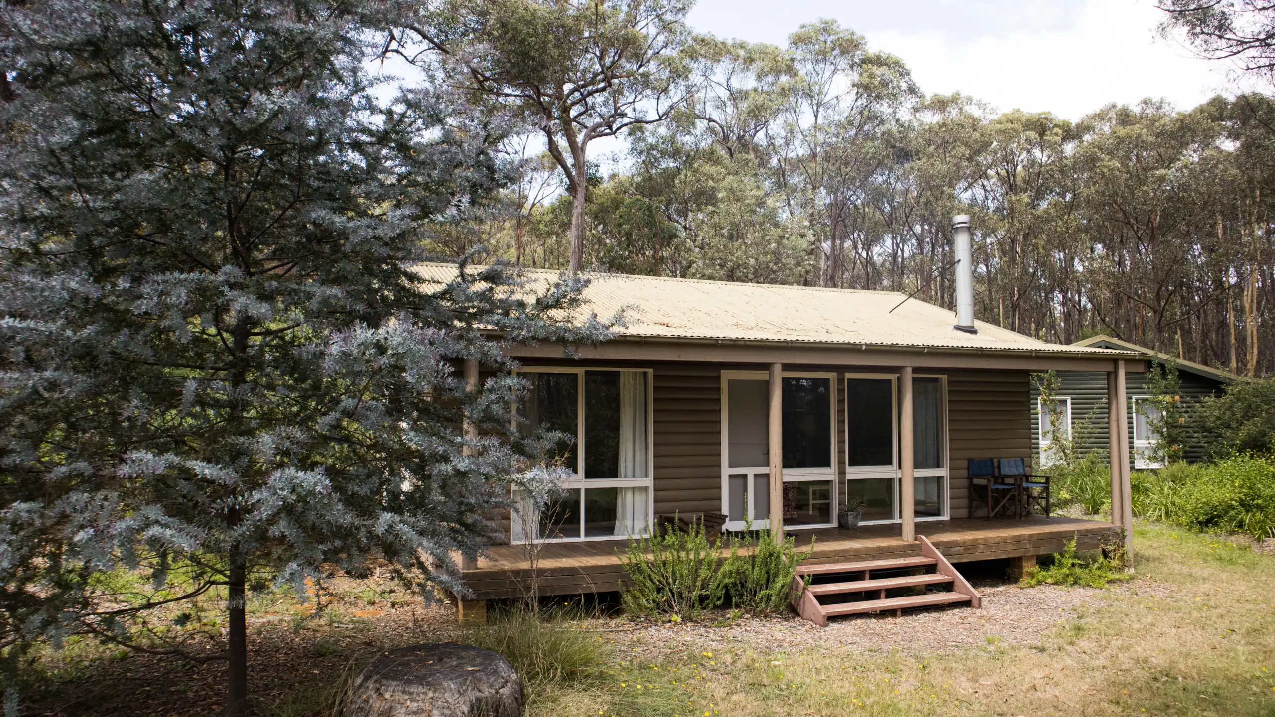 Cozy single-story house with a large front porch in a wooded area.