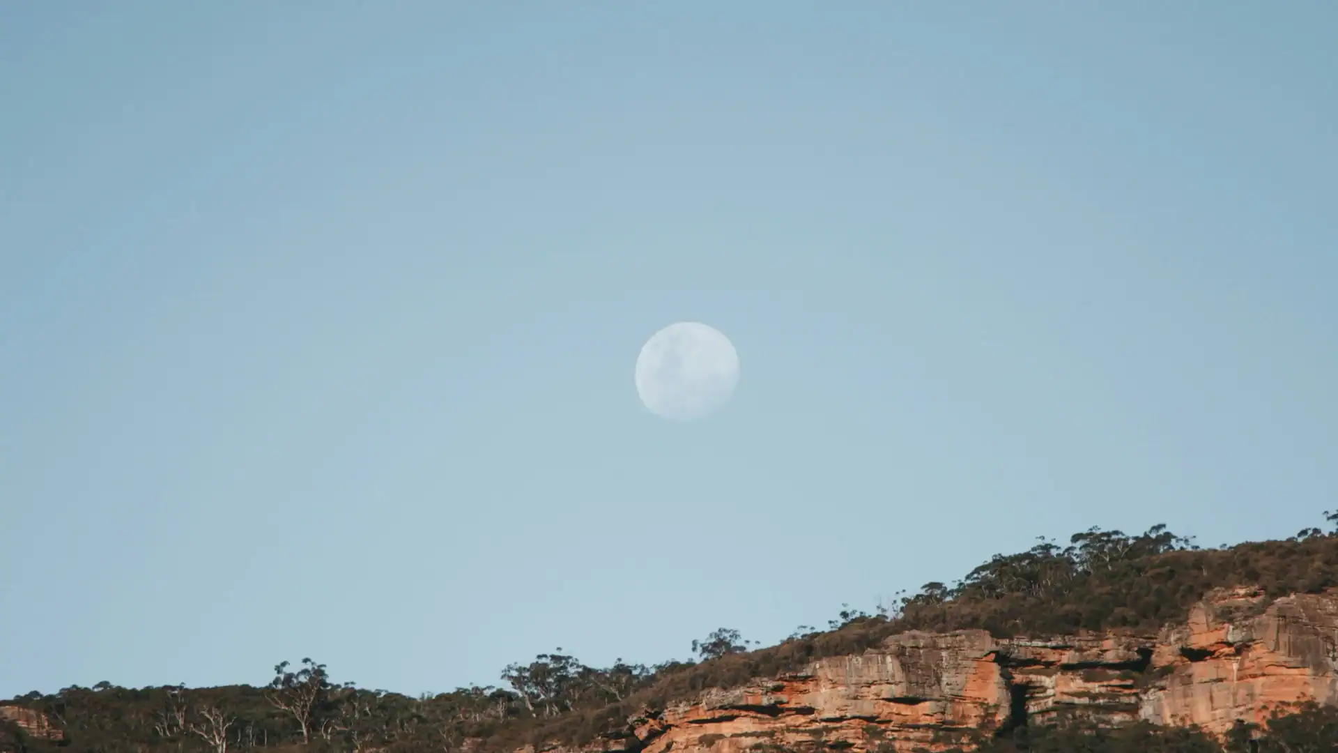 Moon rising over rugged cliffs and forested landscape at dusk.