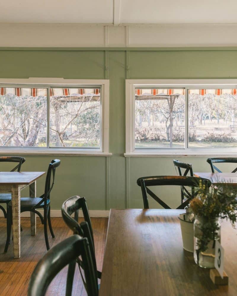 Interior of a tea room with wooden tables, black chairs, and large windows with striped curtains.